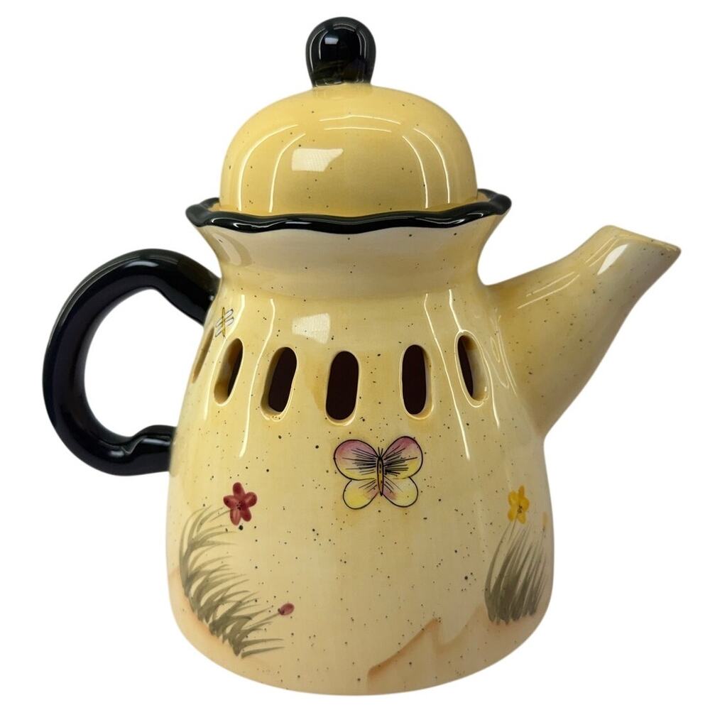 Vintage 90s Yellow Ceramic Teapot Candle Warmer Cover Floral Cutouts